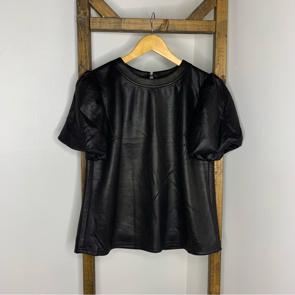 VOY Faux Leather Elegant Black Puff Sleeve Top Size S